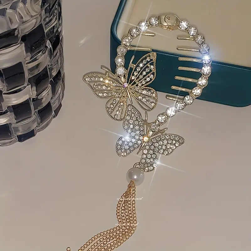 1pc Zinc Alloy New Rhinestone Butterfly Tassel Hair Clip Hair Accessories, Ideal choice for Gifts