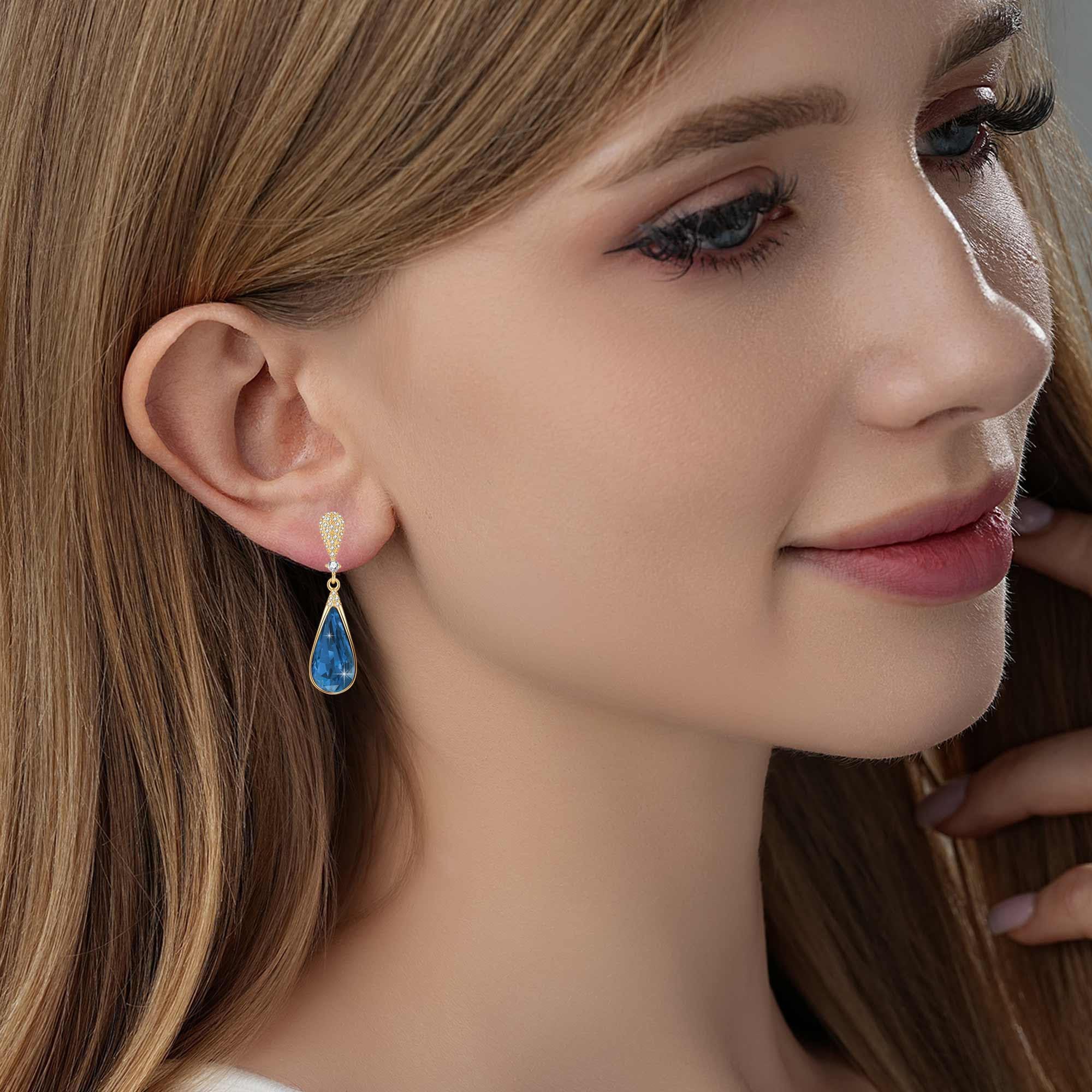 Austrian Crystal Teardrop Dangle Drop Earrings for Women 14K Gold Plated Hypoallergenic Jewelry Gift