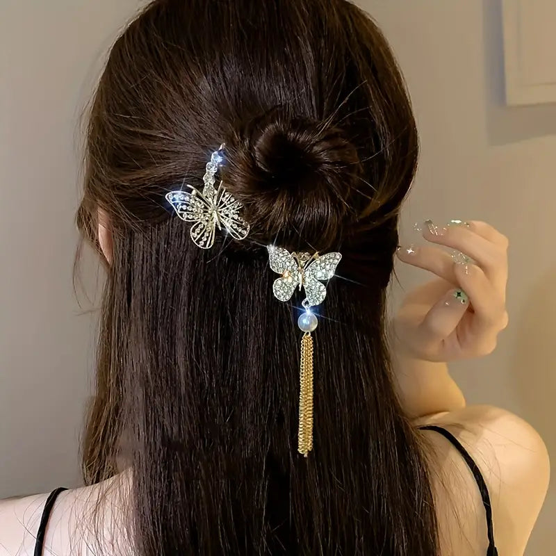 1pc Zinc Alloy New Rhinestone Butterfly Tassel Hair Clip Hair Accessories, Ideal choice for Gifts