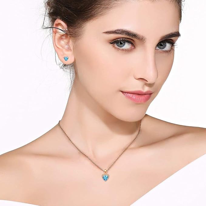 Austrian Crystal Halo Heart Pendant Necklace Earrings for Women 14K Gold Plated Hypoallergenic Jewelry Set