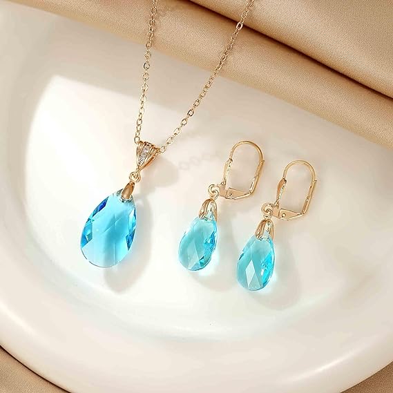 Amazon.com: Crystalline Azuria Teardrops Crystals Blue Simulated Aquamarine  Set Pendant Necklace 18 inches Earrings Bracelet 18K White Gold Plated:  Clothing, Shoes & Jewelry