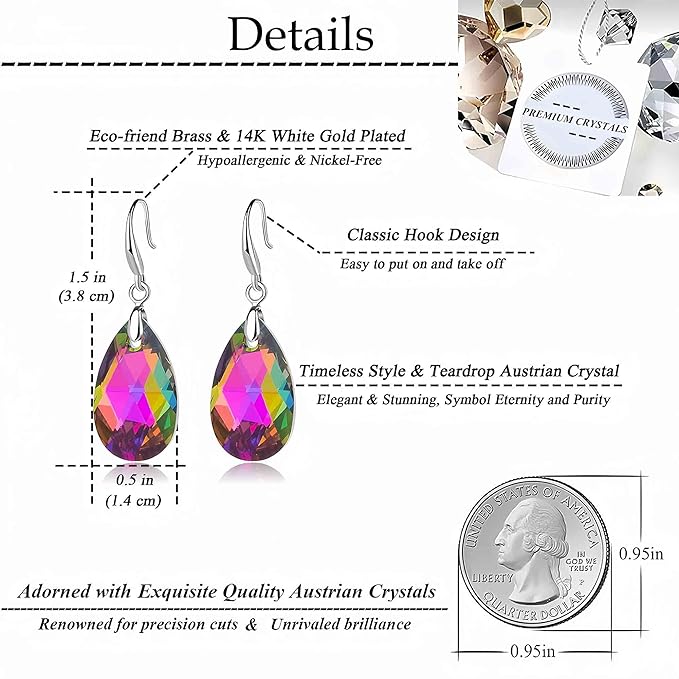 Austrian Crystal Teardrop Dangle Hook Earrings for Women 14K White Gold Plated Hypoallergenic Jewelry