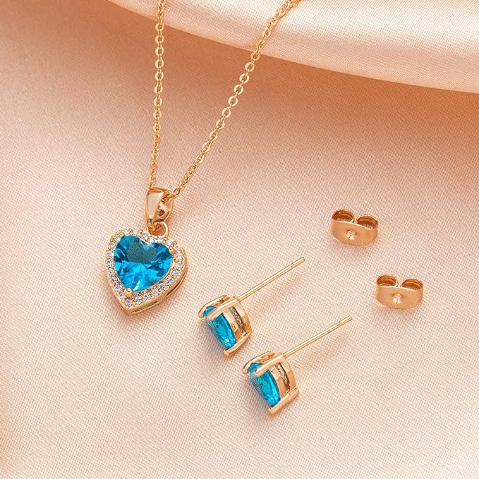 Anting Kalung Liontin Hati Halo Kristal Austria untuk Wanita Set Perhiasan Hypoallergenic Berlapis Emas 14K 