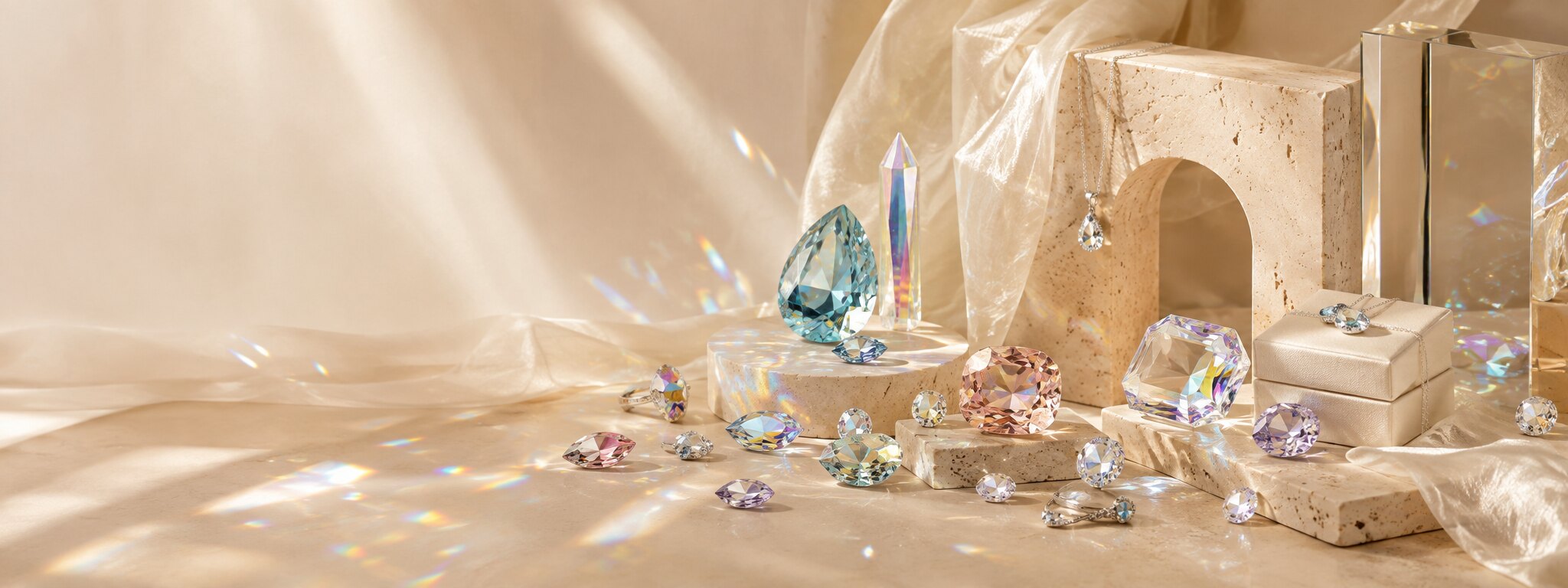 Faceted crystals in clear blush aquamarine and lilac on champagne silk and travertine