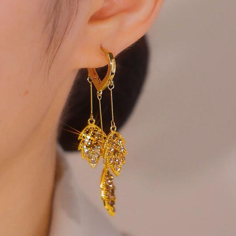Bling CZ Leaf Drop Tassel Leverback Earrings for Women 14K Gold Plated Jewelry