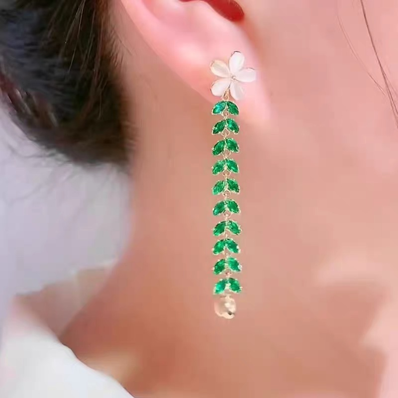 Green Leaf Vine Dangle Earrings with Floral Stud