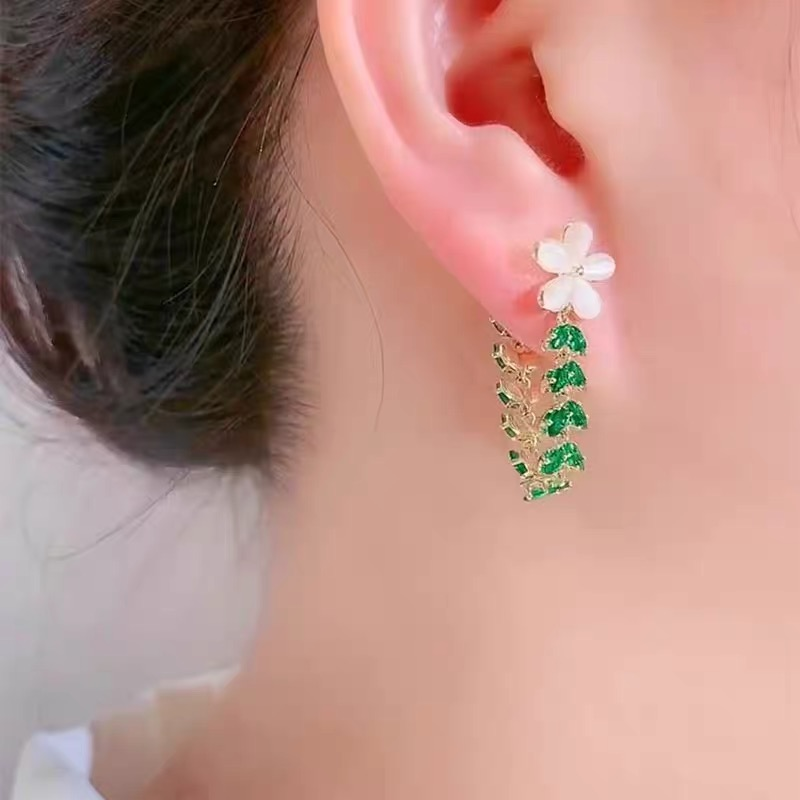 Green Leaf Vine Dangle Earrings with Floral Stud