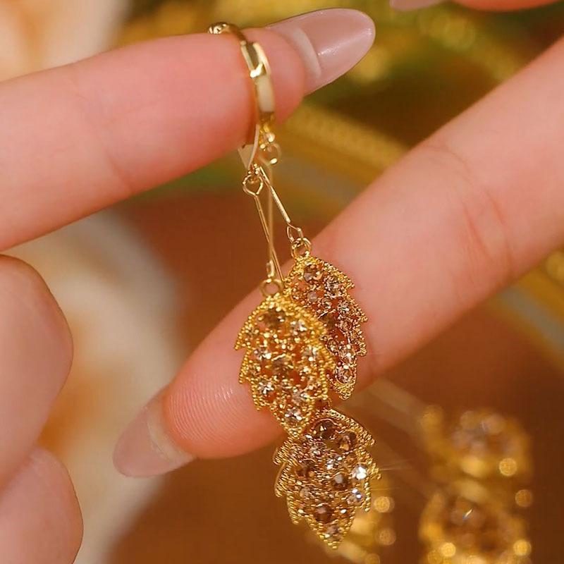 Bling CZ Leaf Drop Tassel Leverback Earrings for Women 14K Gold Plated Jewelry