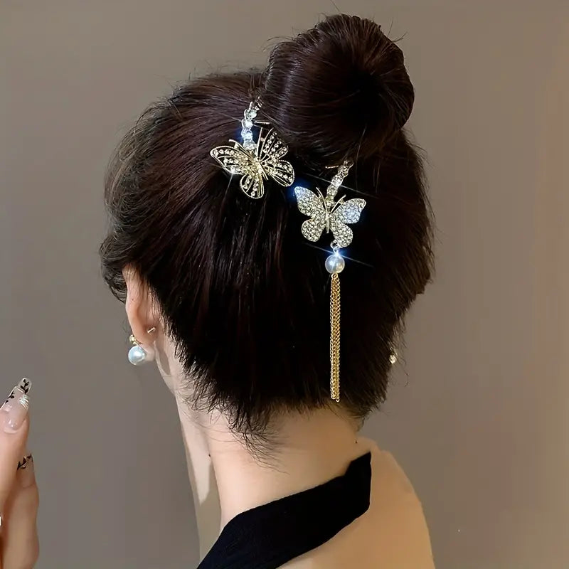 1pc Zinc Alloy New Rhinestone Butterfly Tassel Hair Clip Hair Accessories, Ideal choice for Gifts