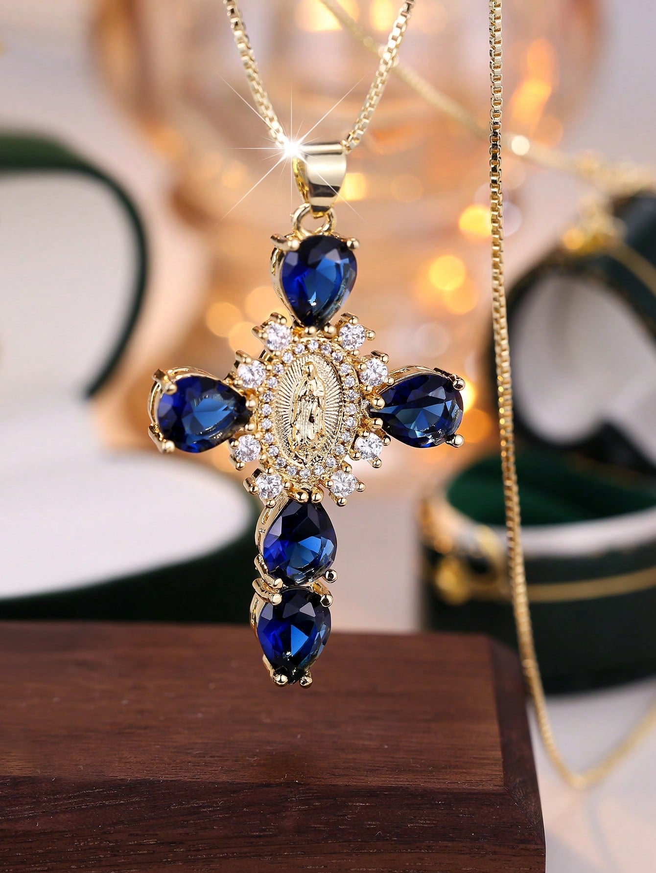 Religious Virgin Mary Cross Cubic Zirconia Pendant Necklaces for Women