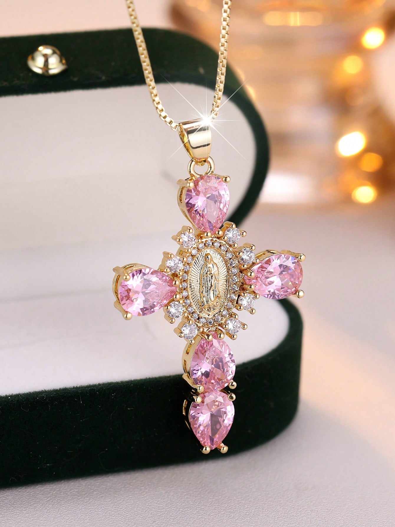 Religious Virgin Mary Cross Cubic Zirconia Pendant Necklaces for Women