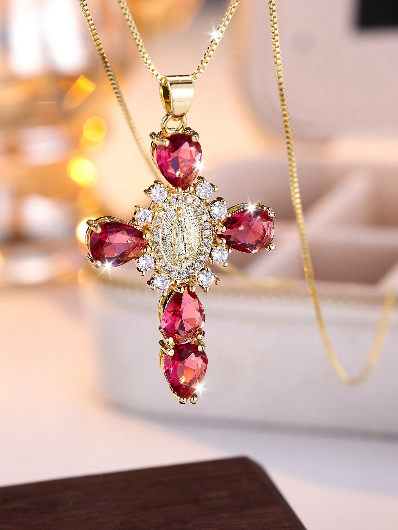 Religious Virgin Mary Cross Cubic Zirconia Pendant Necklaces for Women