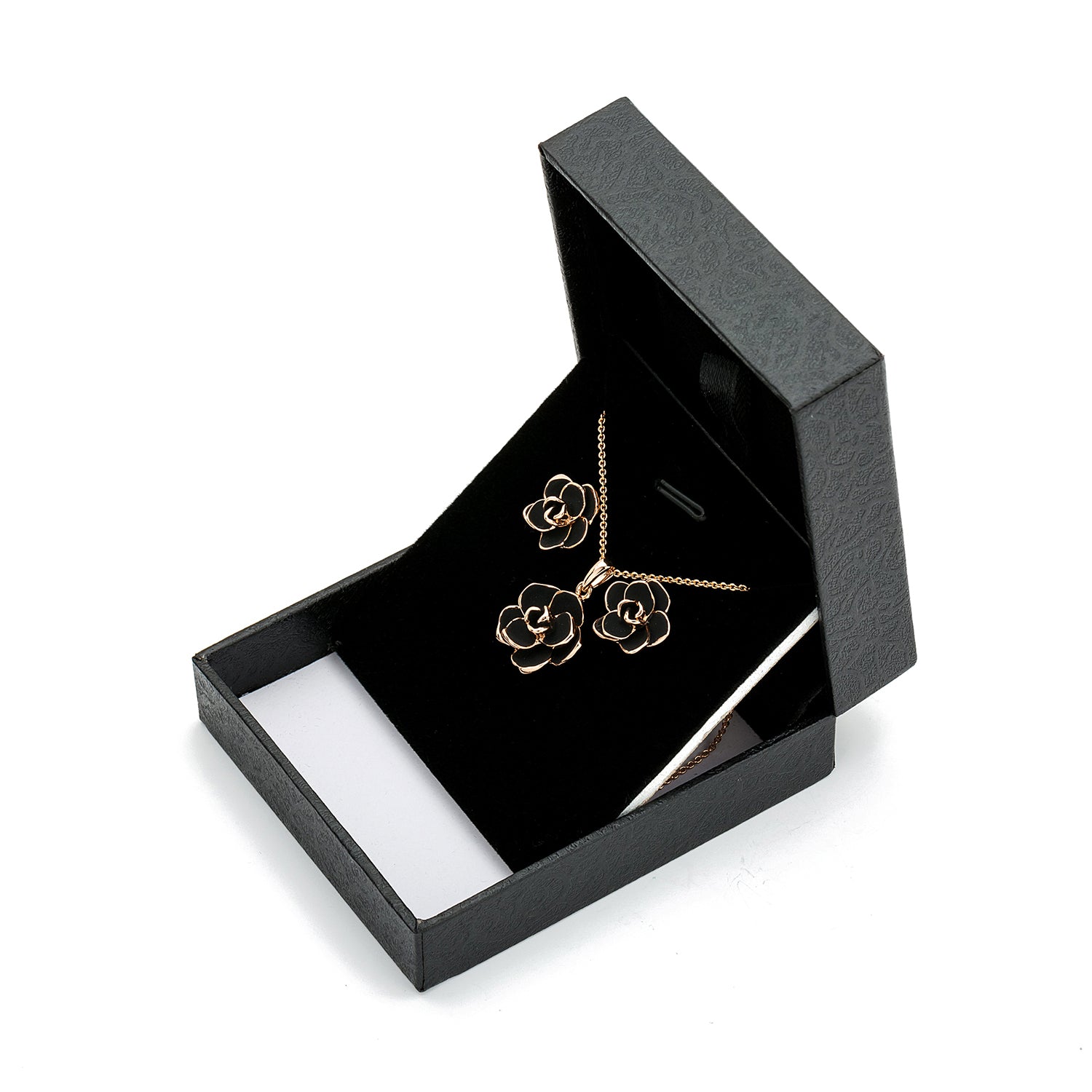 Rose Flower Stud Earrings & Necklace Set - 18K Gold Plated Hypoallergenic