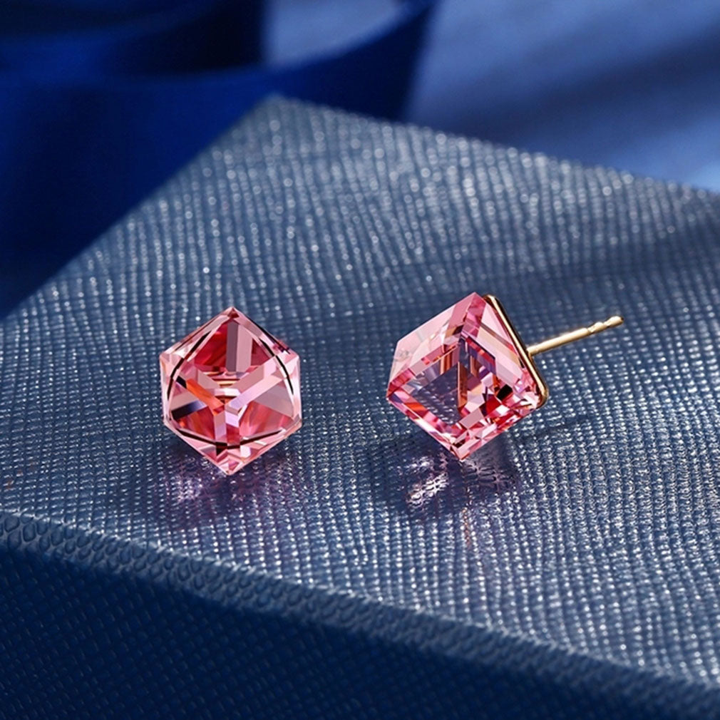 Cube Swarovski Crystal Drop Stud Earrings for Women Fashion S925 Sterling Silver Hypoallergenic Jewelry