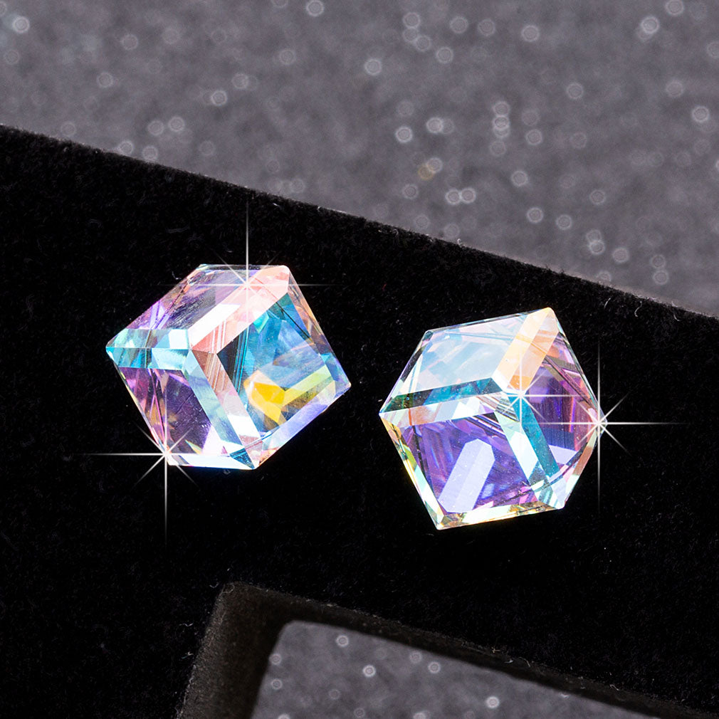 Cube Swarovski Crystal Drop Stud Earrings for Women Fashion S925 Sterling Silver Hypoallergenic Jewelry